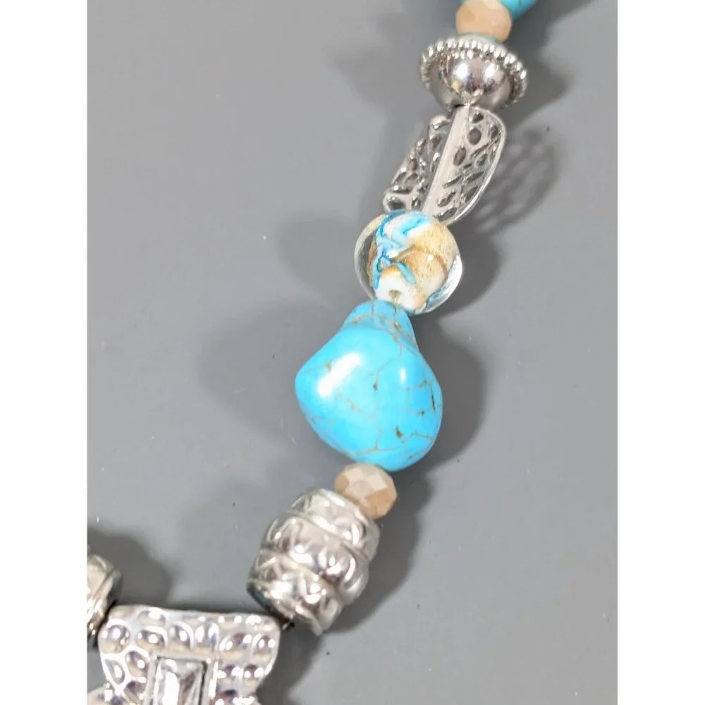 Southwestern Boho Faux Turquoise Glass Hammered Statement Necklace 22